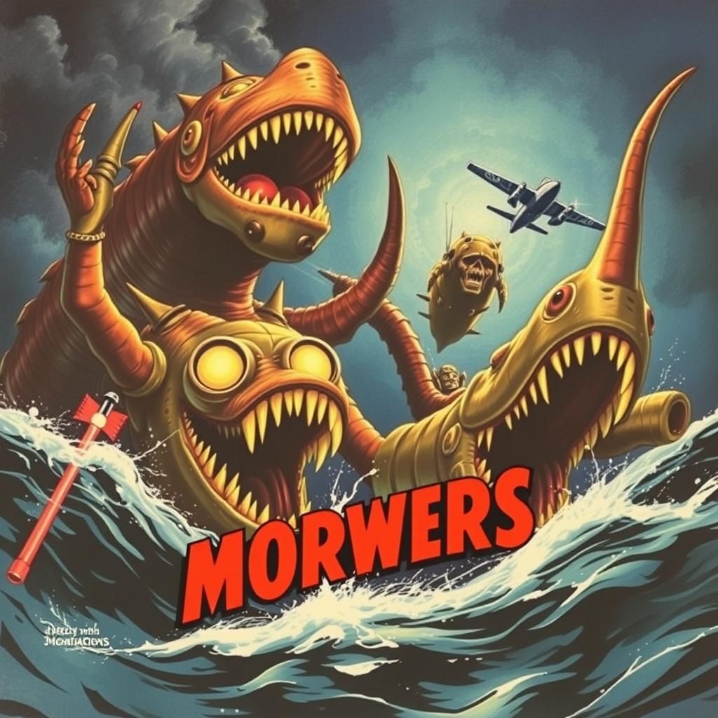 WWII Propaganda Poster: Mechanical Sea Monsters