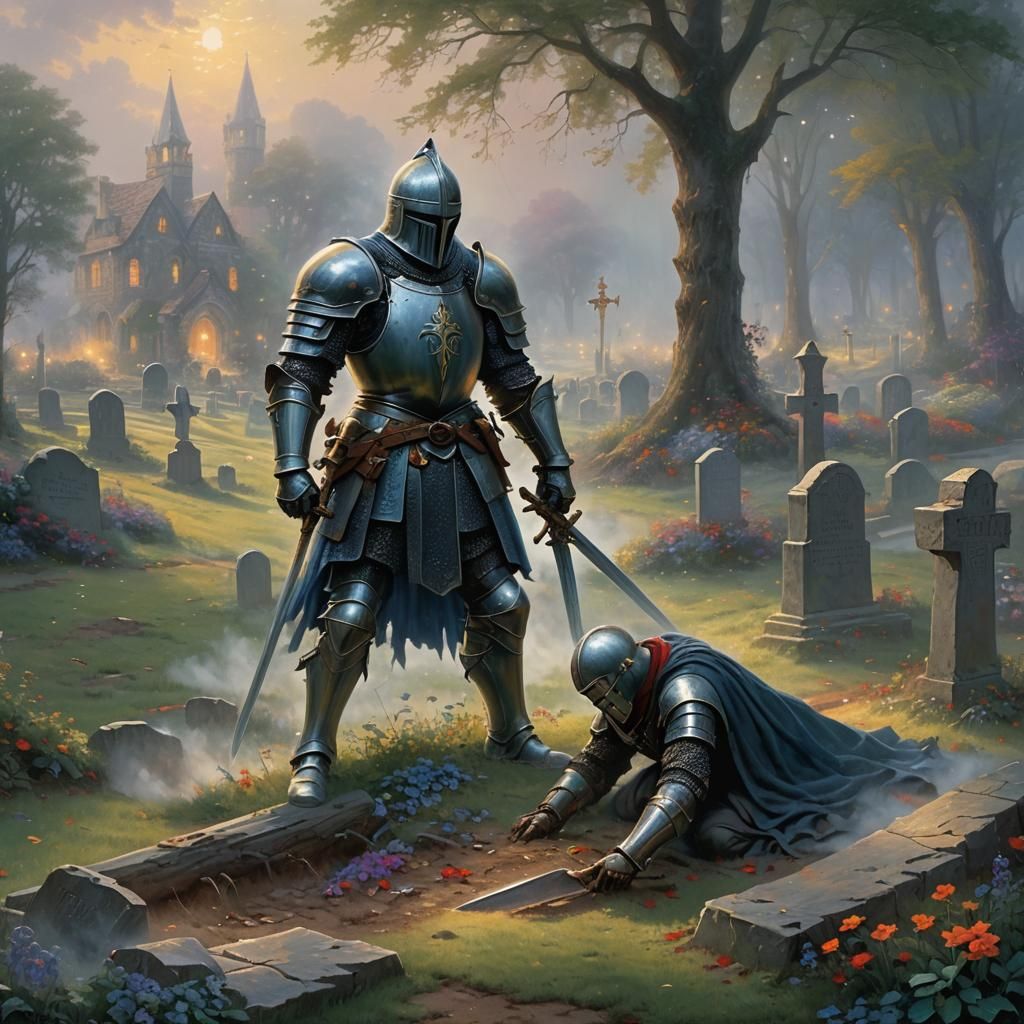 Knight Digging Grave in Ethereal Fantasy Landscape