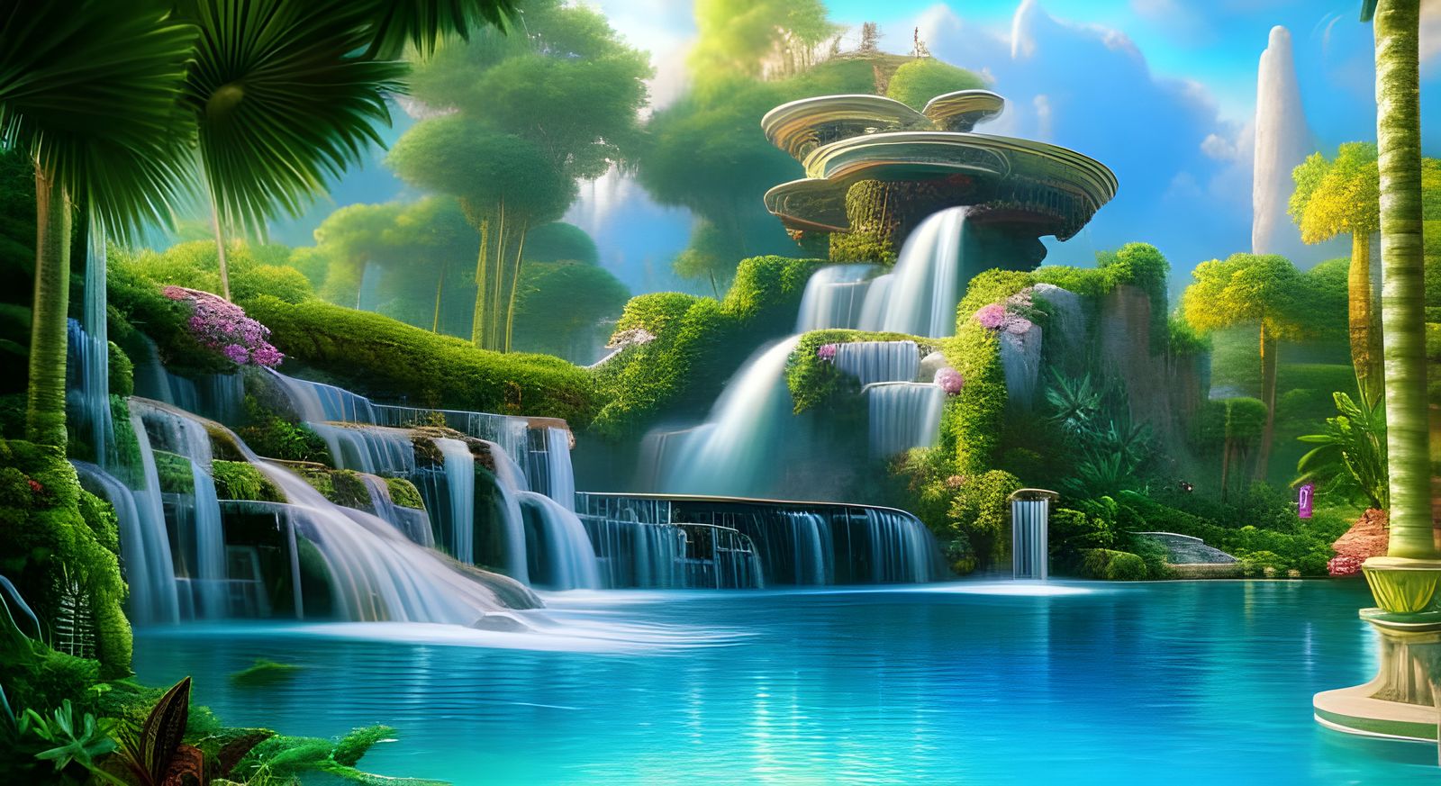 Surreal Poolside Waterfall with Ornate Architecture