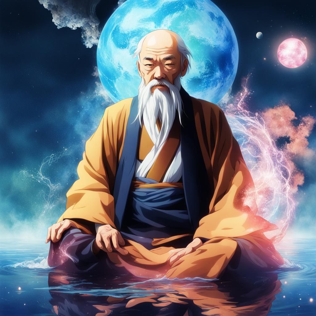 Lao Tzu Double Exposure in Anime Style
