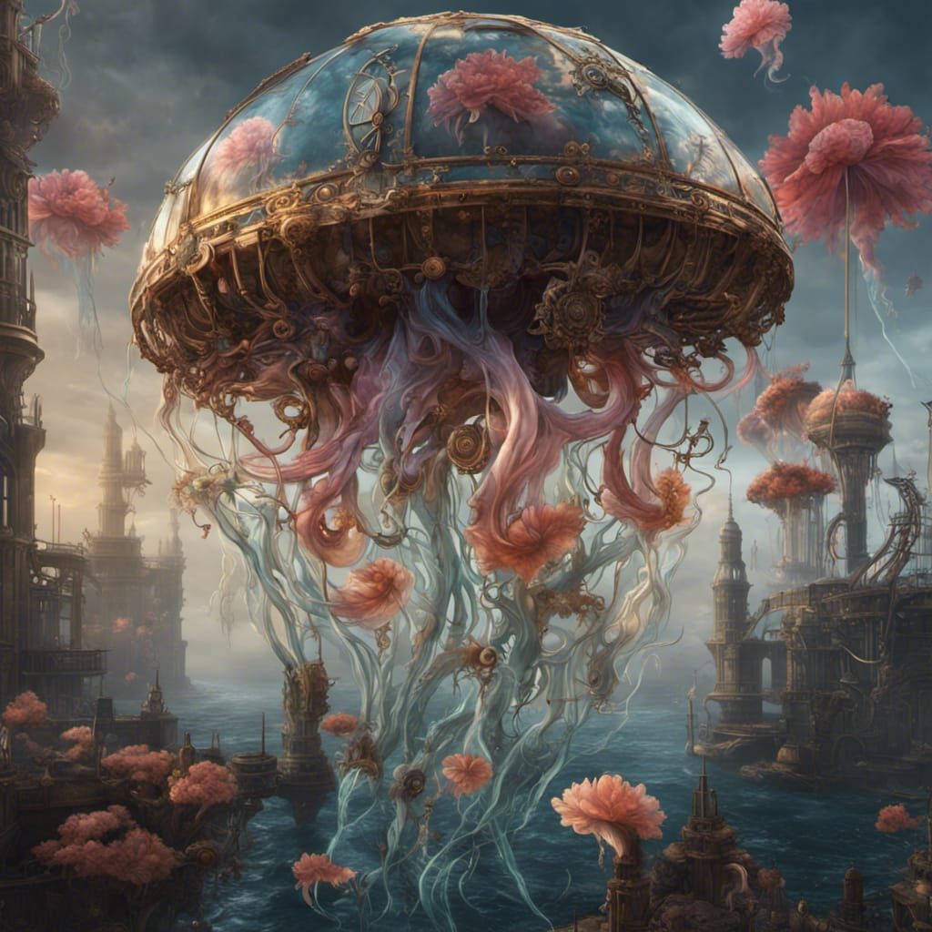 Steampunk Floral Jellyfish: Detailed Matte Painting