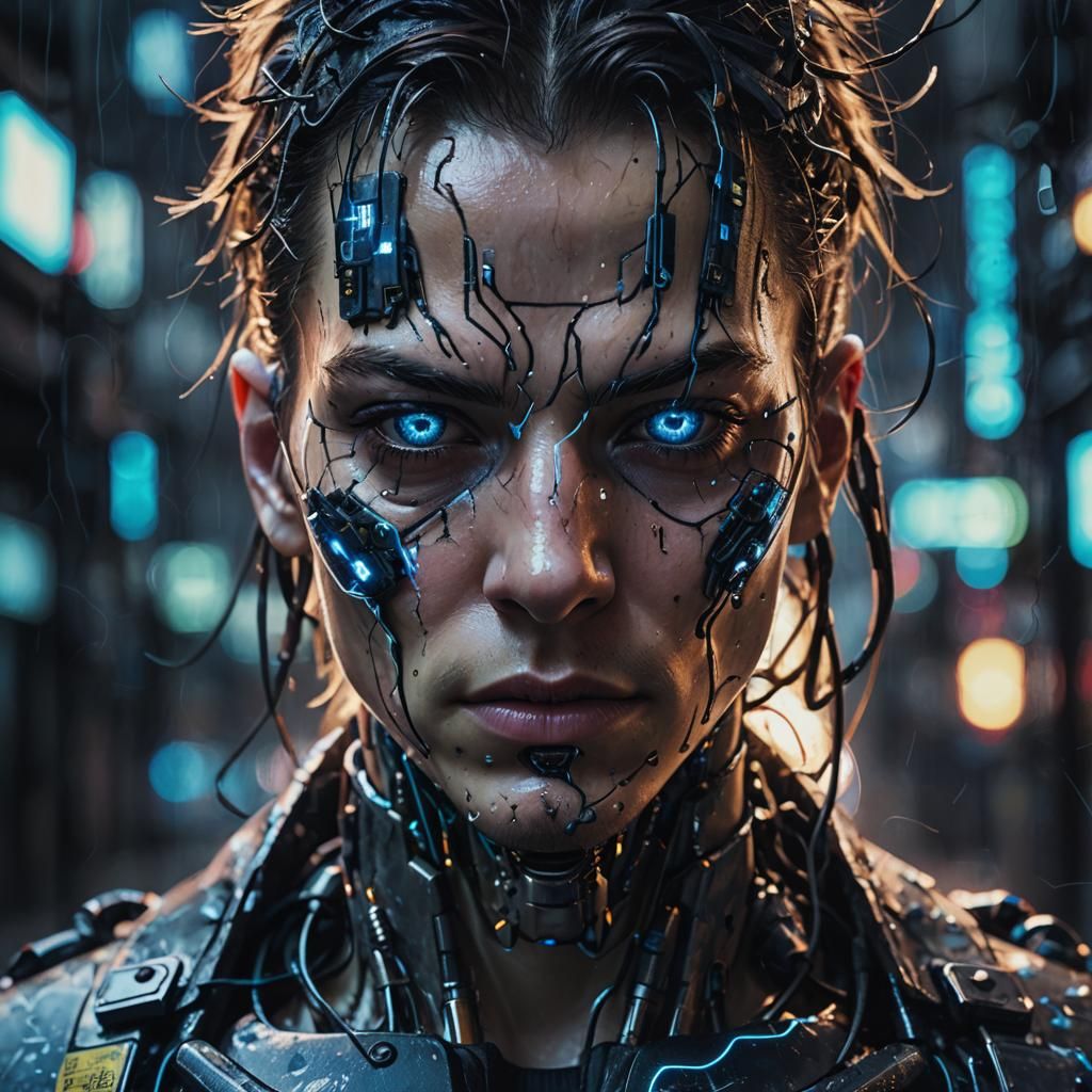Cyberpunk Android Portrait with Glowing Circuits