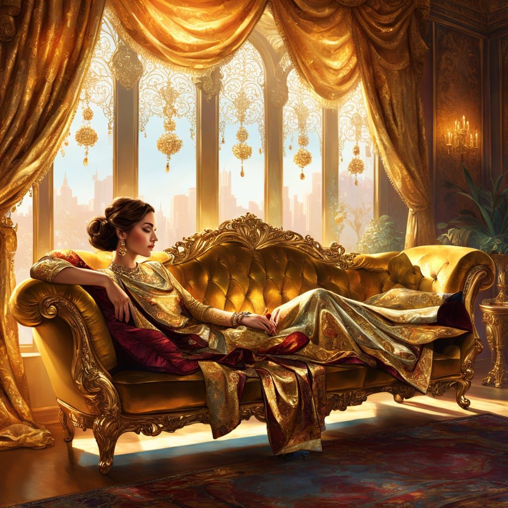Opulent Gold Couch Scene in Luxury Oil Painting Style