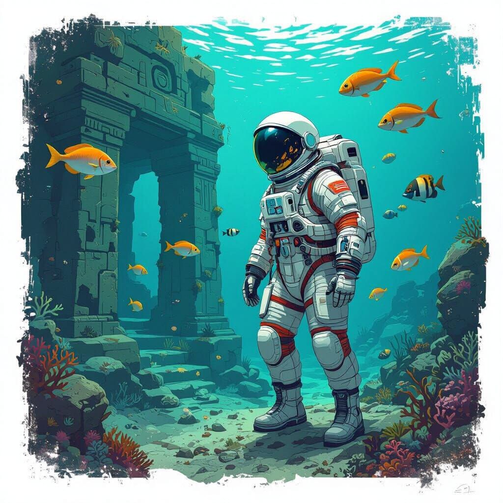 Astronaut Explores Underwater Ruins in Sci-Fi Style