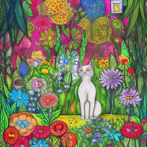 Summer Garden Cat Collage in Boho Art Style