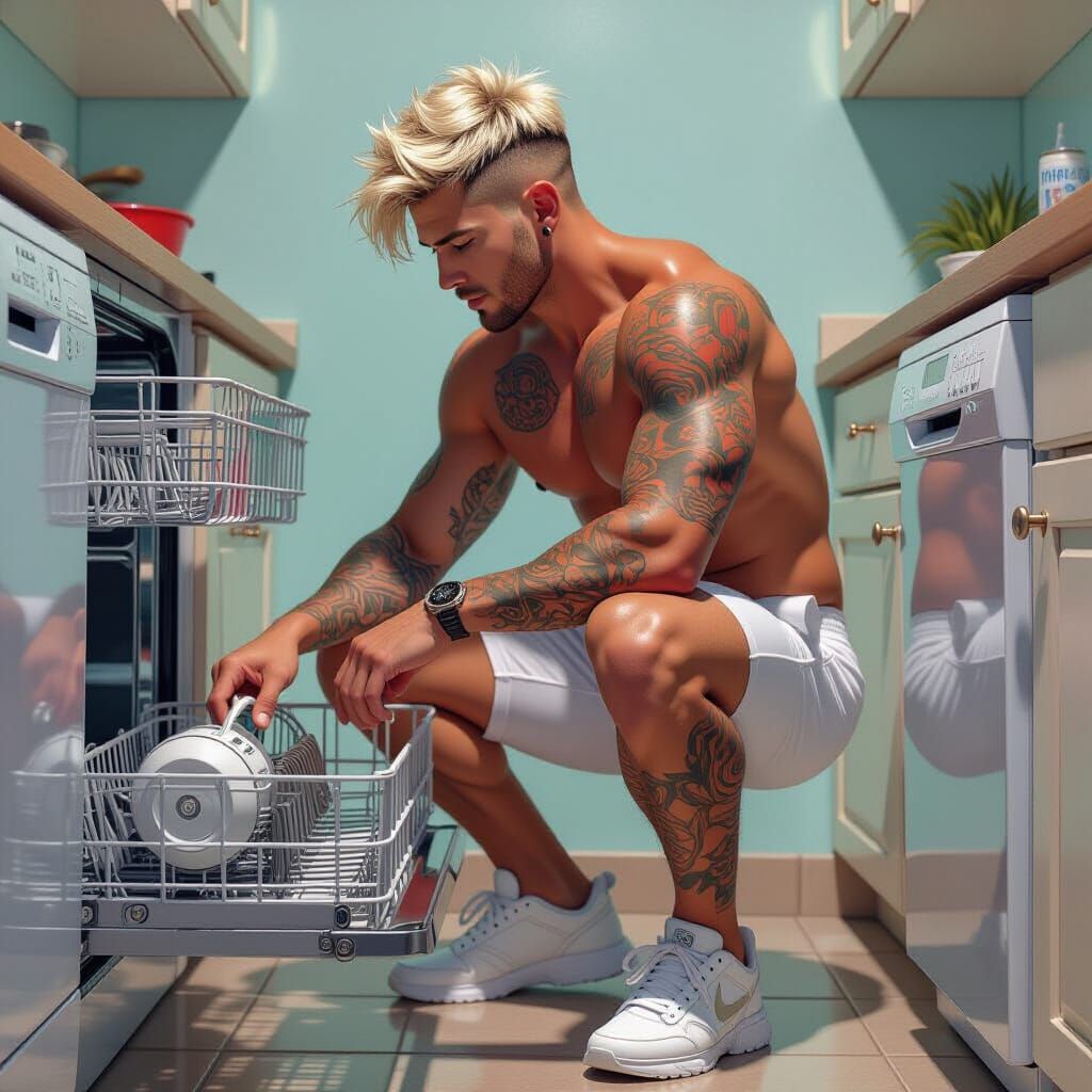 Athletic Man Fills Dishwasher in Hyperrealistic Splash Art
