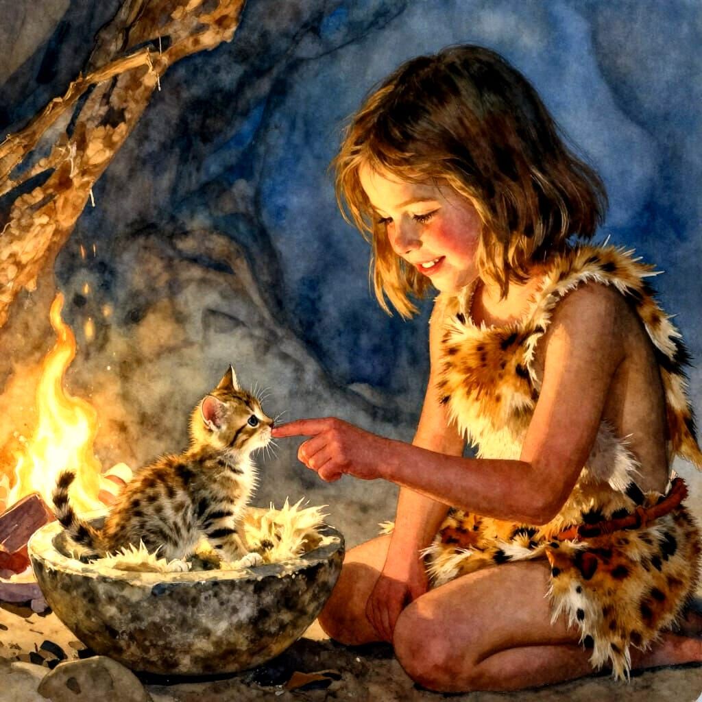 Prehistoric Girl's Gentle Rescue of Injured Kitten