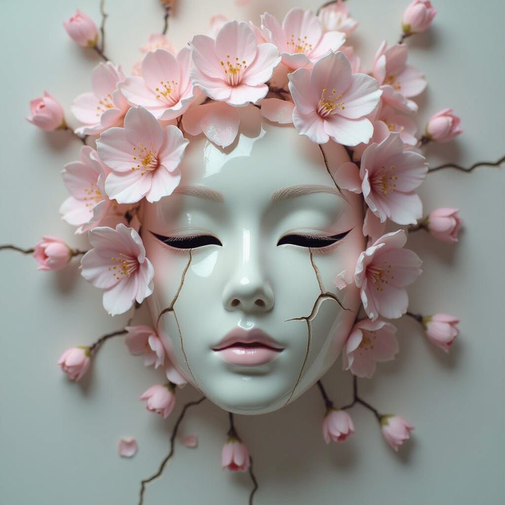 Melting Porcelain Mask with Cherry Blossoms in Ethereal Styl...