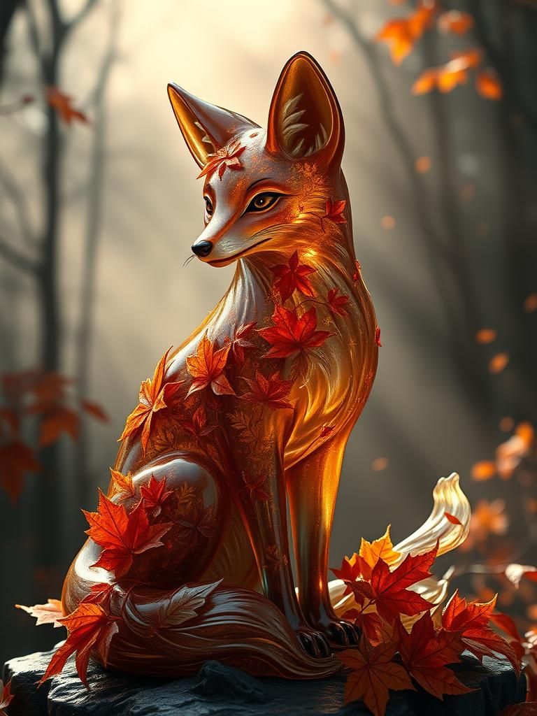 Glass Fox with Autumn Leaves in Matte Painting Style