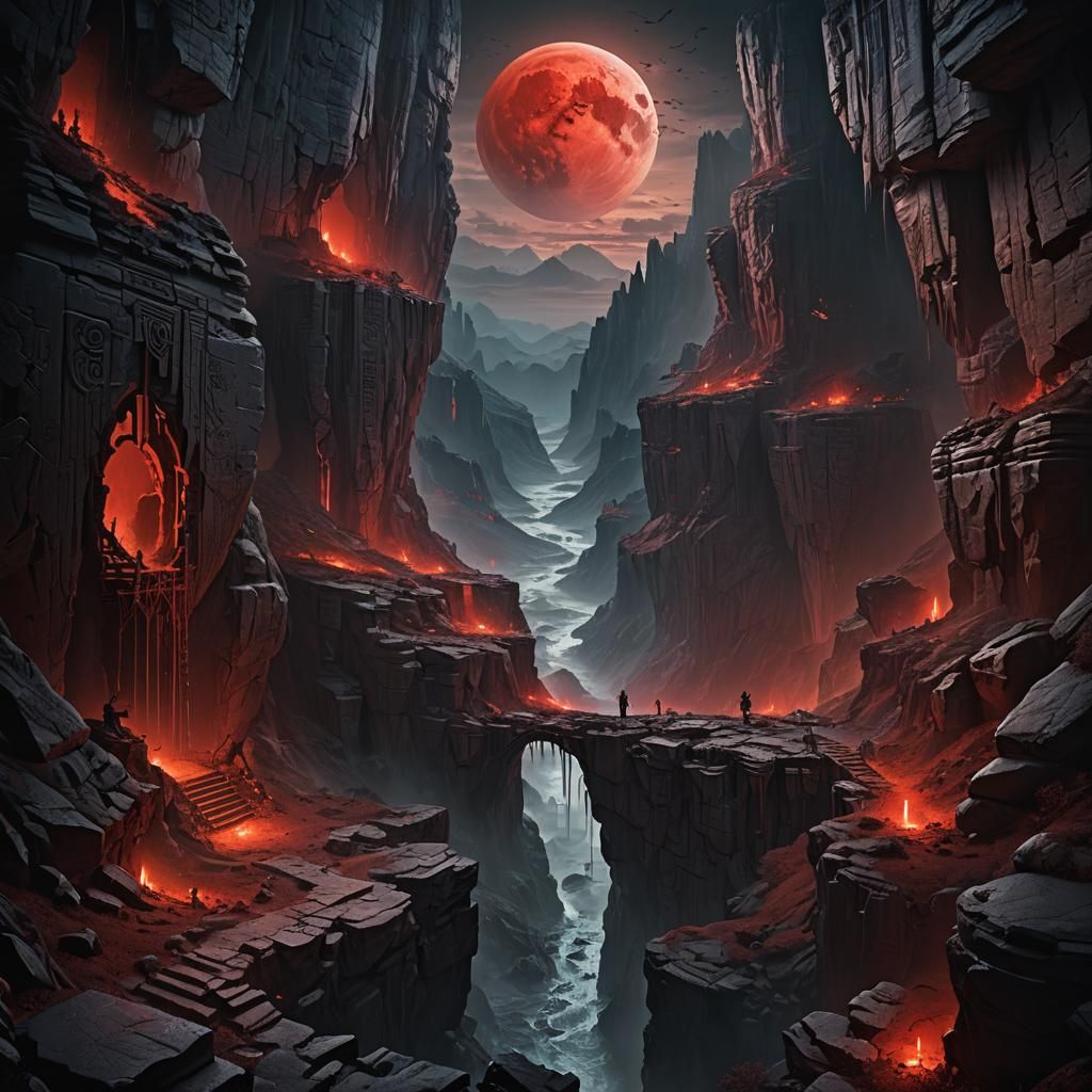 Dark Fantasy Landscape with Blood Moon, Detailed Matte Paint...