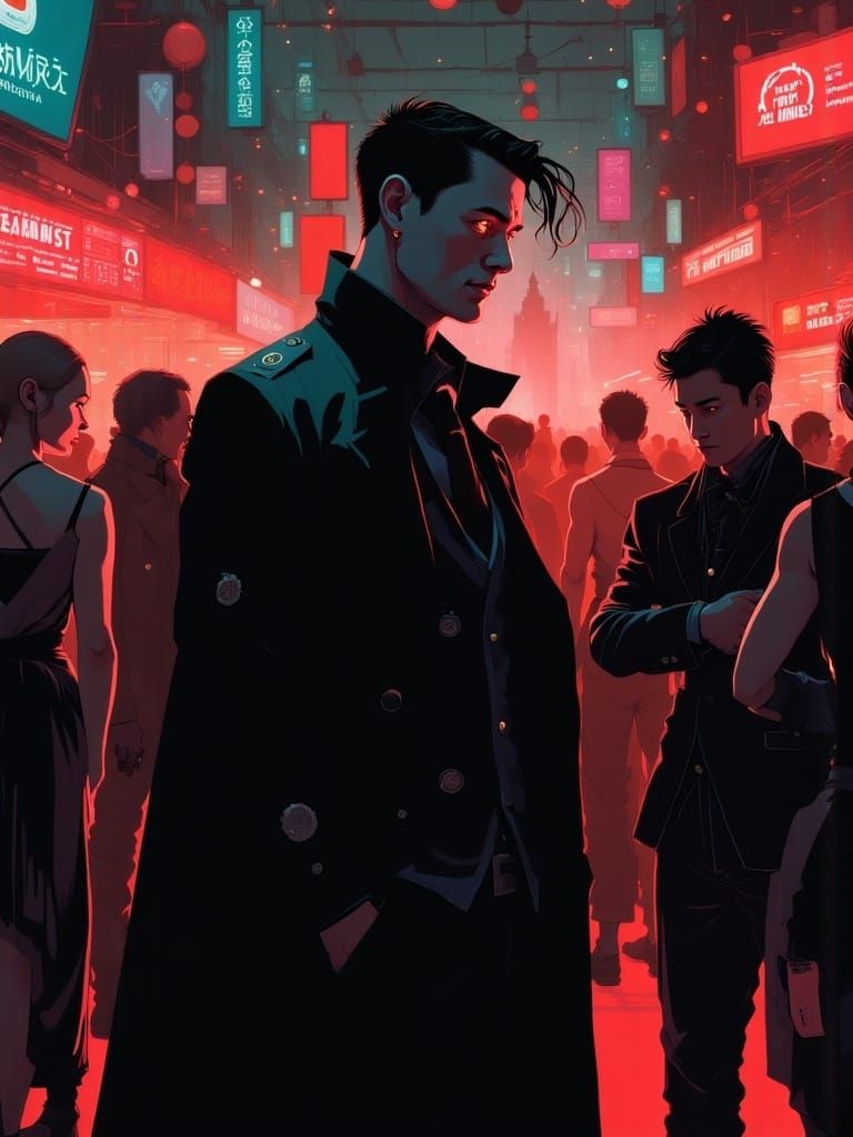 Mean Vampire in Crowded Nightclub, Cyberpunk Illustration