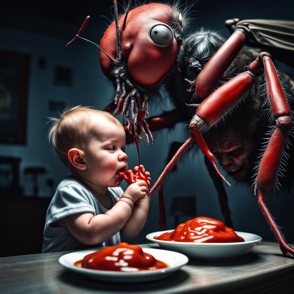 Mosquito monster putting ketchup on her baby brother