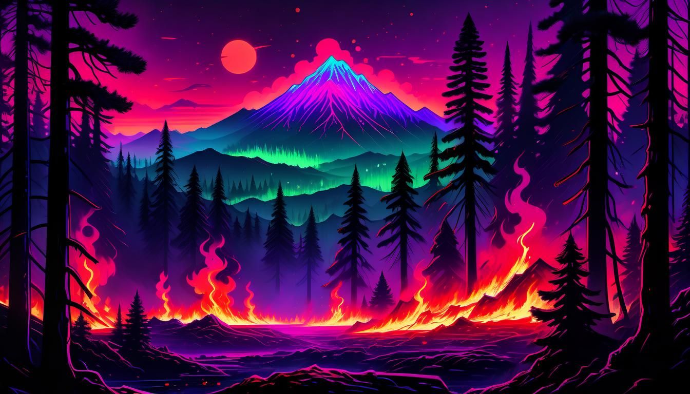 Neon Synthwave Landscape with Burning Forest