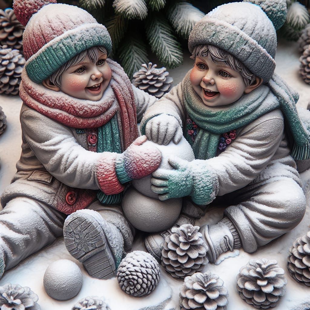 Joyful Snowball Fight Sculpture of Diverse Children