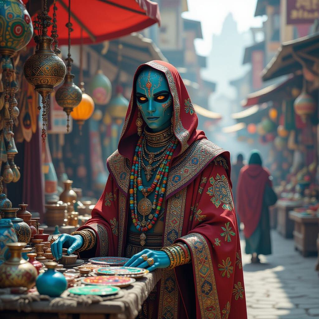 Alien Merchant in a Bustling Market, Fantasy Concept Art