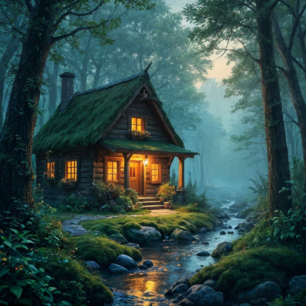 Enchanted Forest Cabin in Twilight Glow