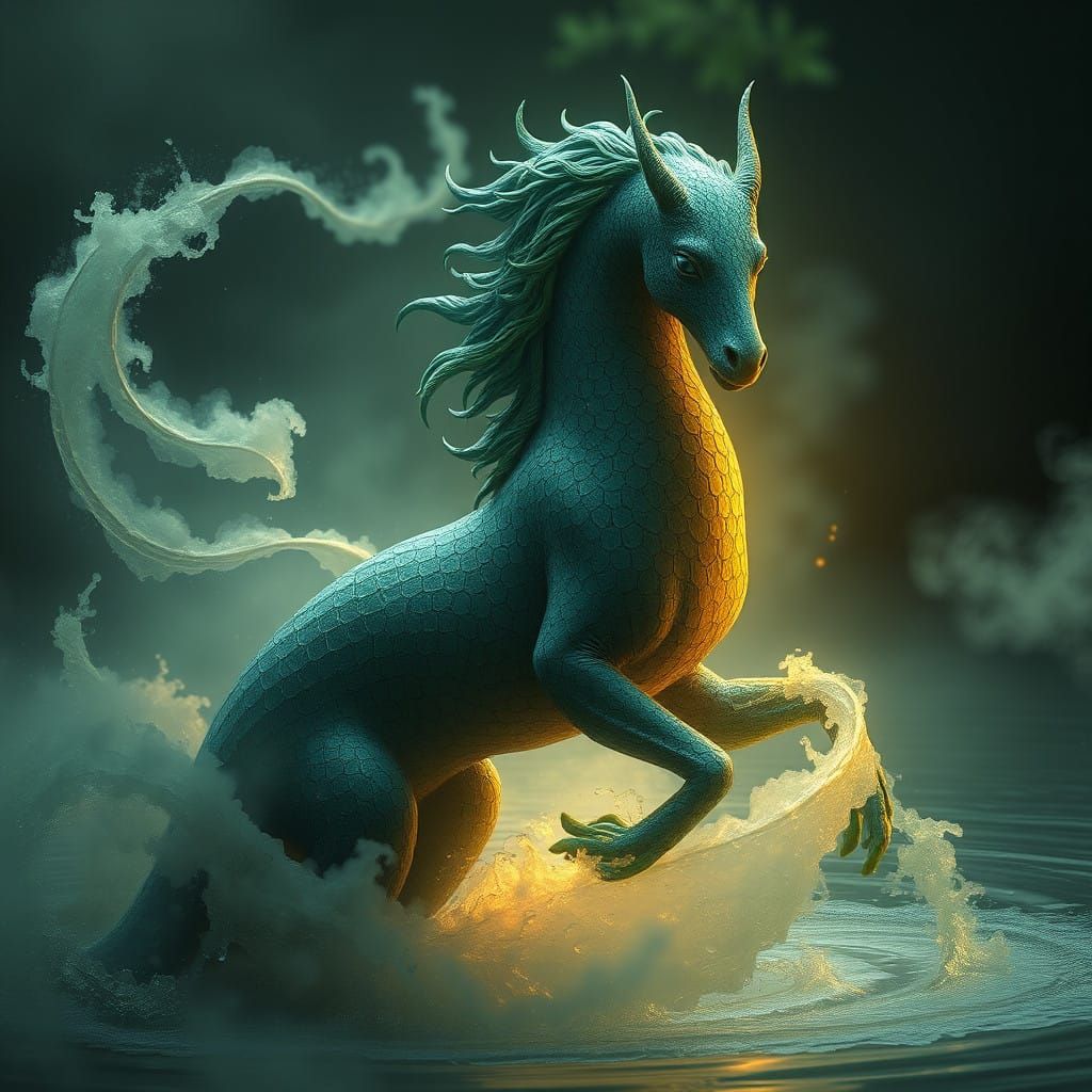 Ethereal Kelpie Emerges from Emerald Mist