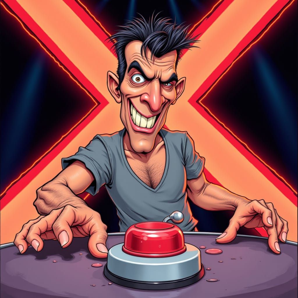 Simon Cowell Pressing Buzzer in Caricature Style
