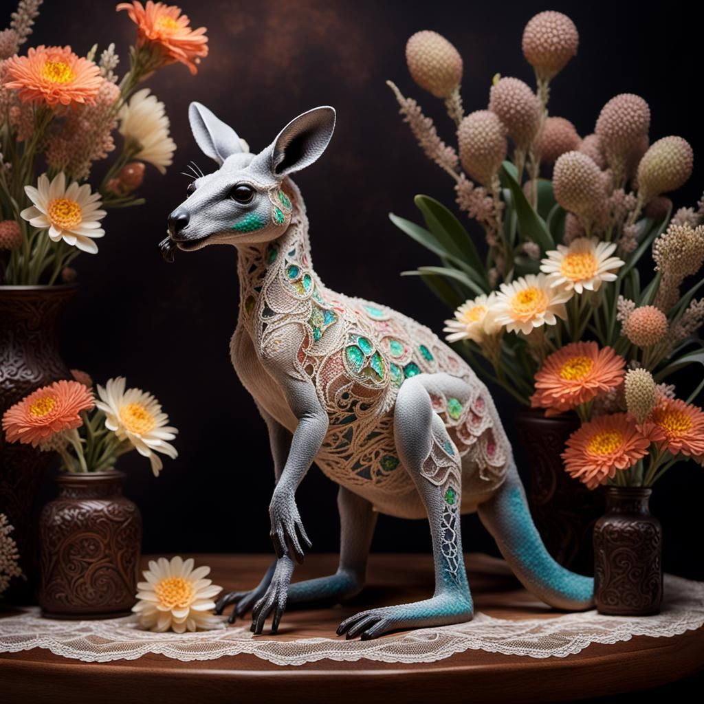 Opal Kangaroo Still Life with Australian Flowers