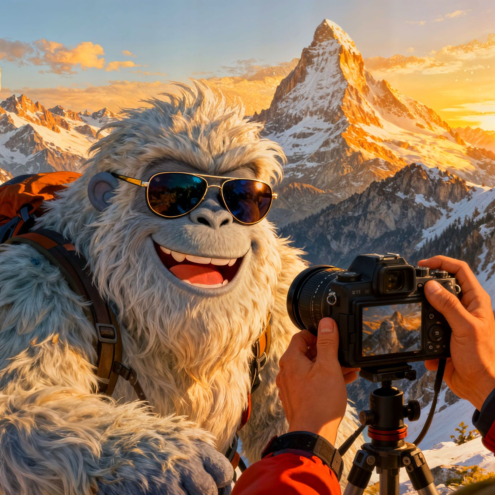 Yeti Smiles at Mountain Climber in Swiss Alps