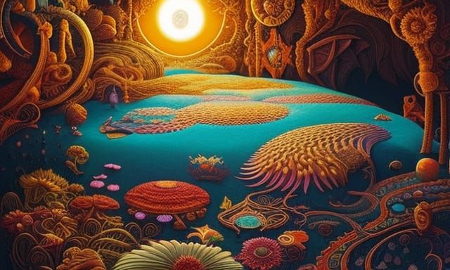 Woman in Surreal Sun and Moon Bed