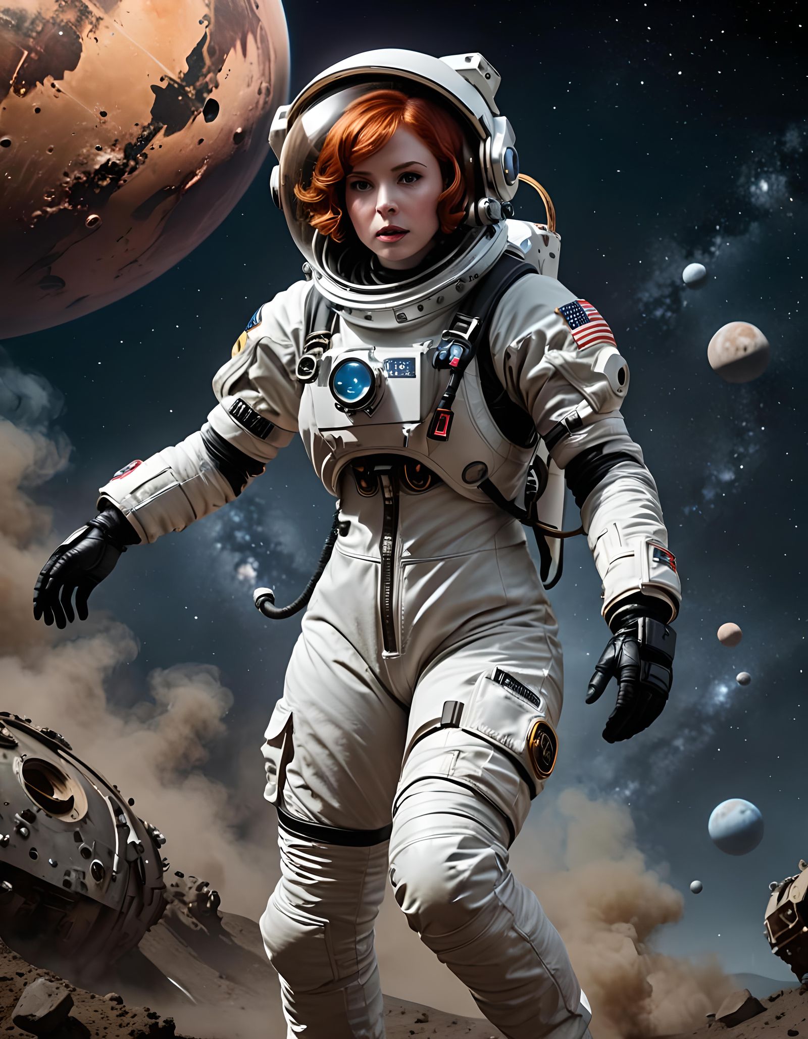 Redhead Astronaut Jumps on Pluto in Spacesuit