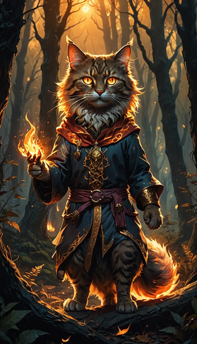 Fiery Cat Mage in Mystical Forest