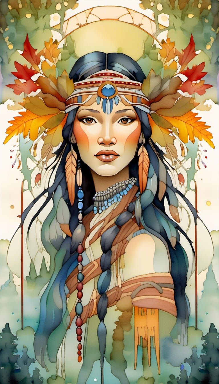 Art Nouveau Pocahontas Watercolour Illustration