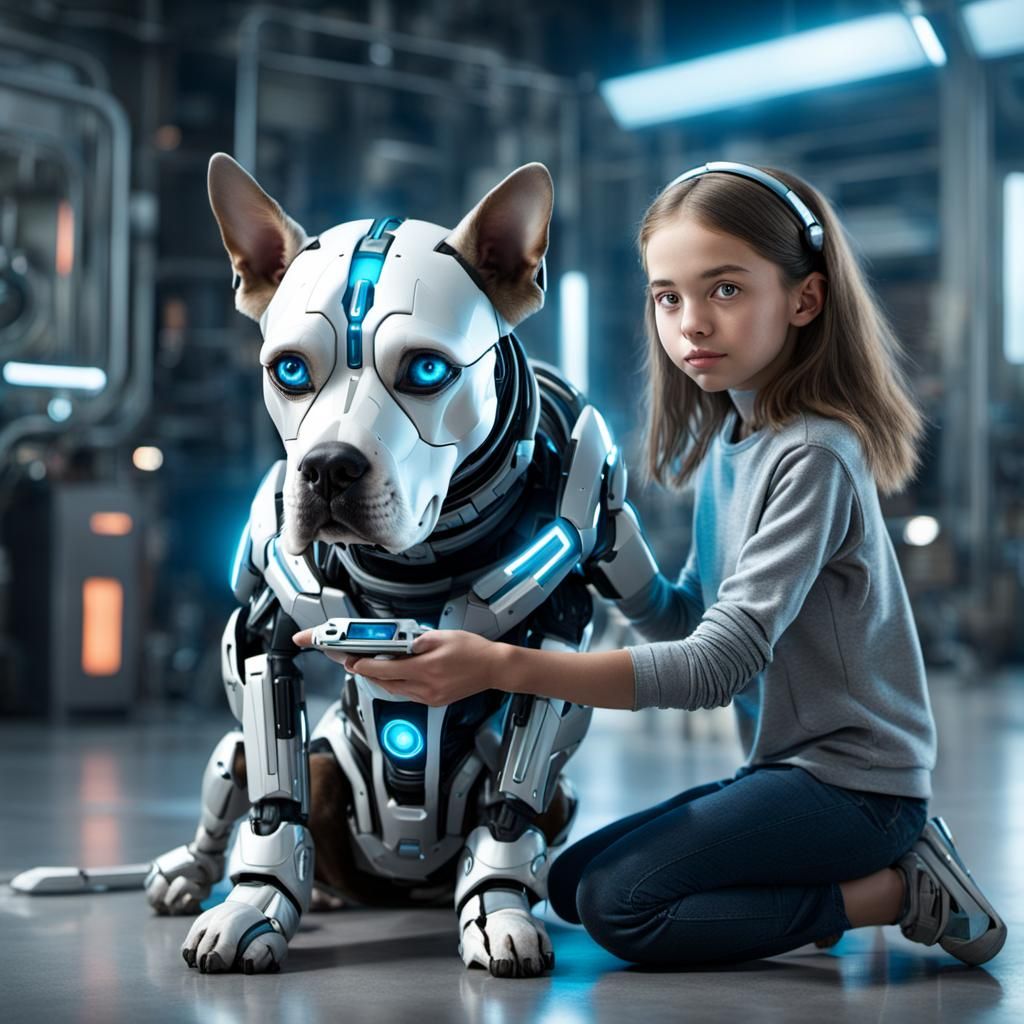 Girl and Cyborg Dog: A Futuristic Friendship
