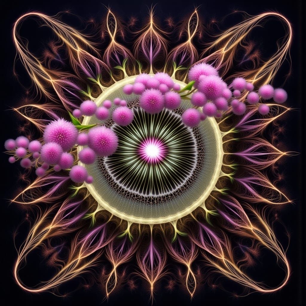 Thistle Flower Rendered with Flowing Root Lines Style