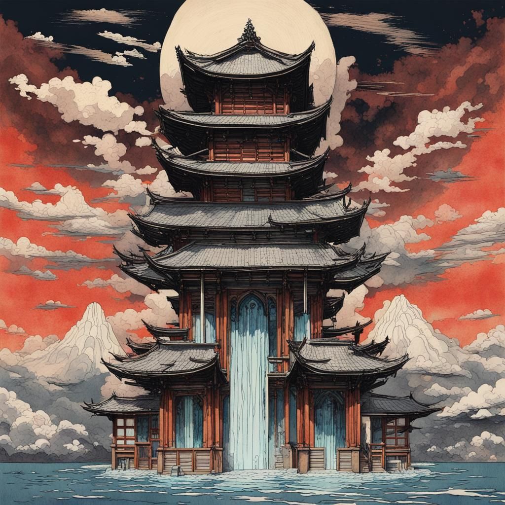 Gothic Ukiyo-e Skyscape in Dystopian Landscape