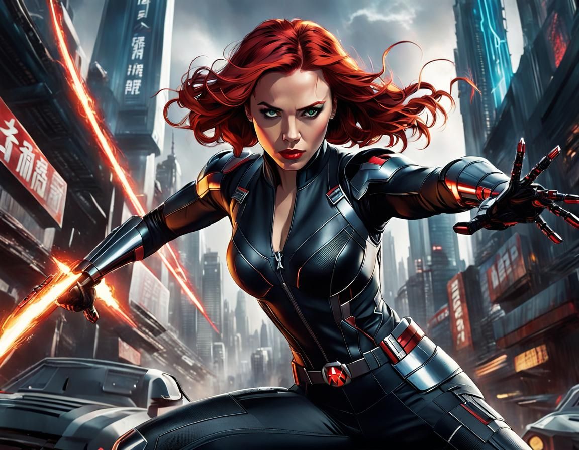Black Widow in Kung Fu Pose Against Ultron Robots