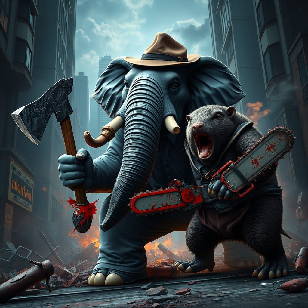 Elephant Battles Ferocious Mole in Post-Apocalyptic Cityscap...