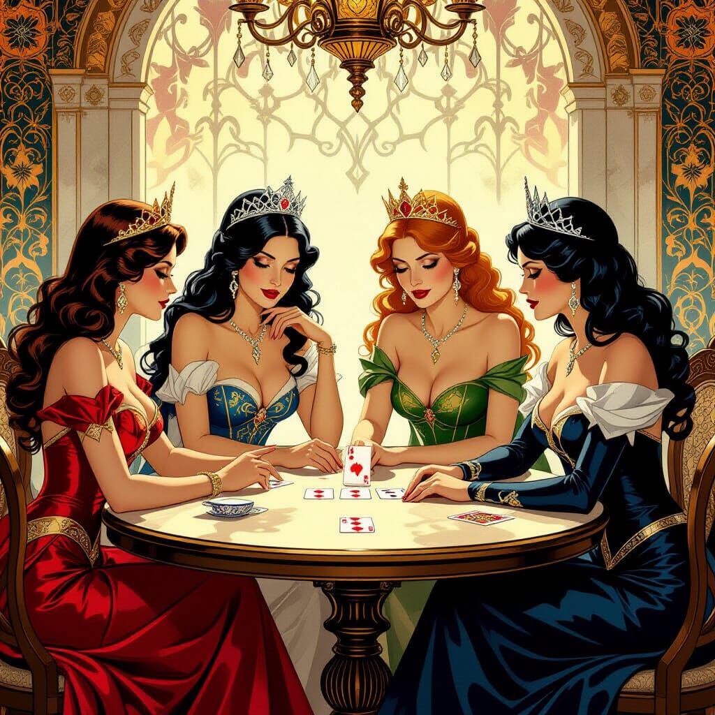 Four Queens Play Cards in Elegant Fantasy Style