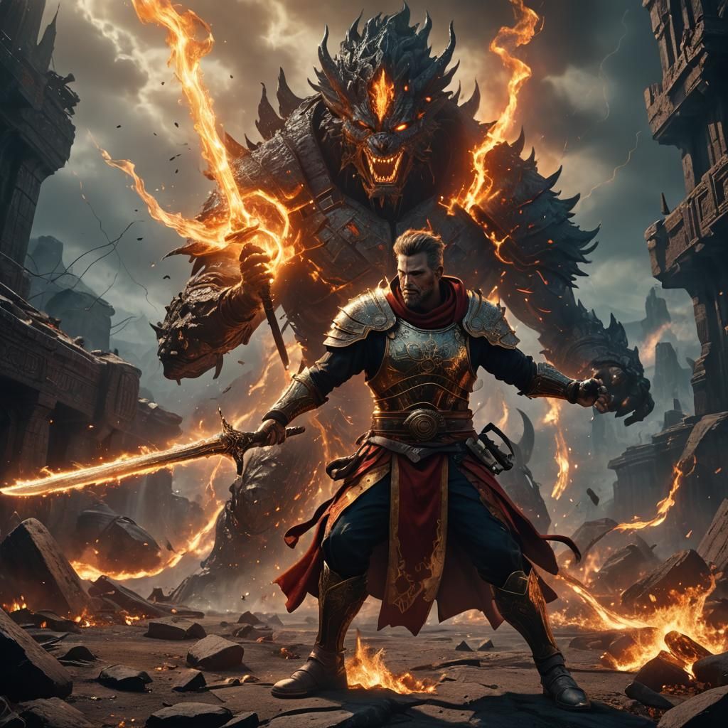 Fiery Warrior Faces Electric Titan in Fantasy Art