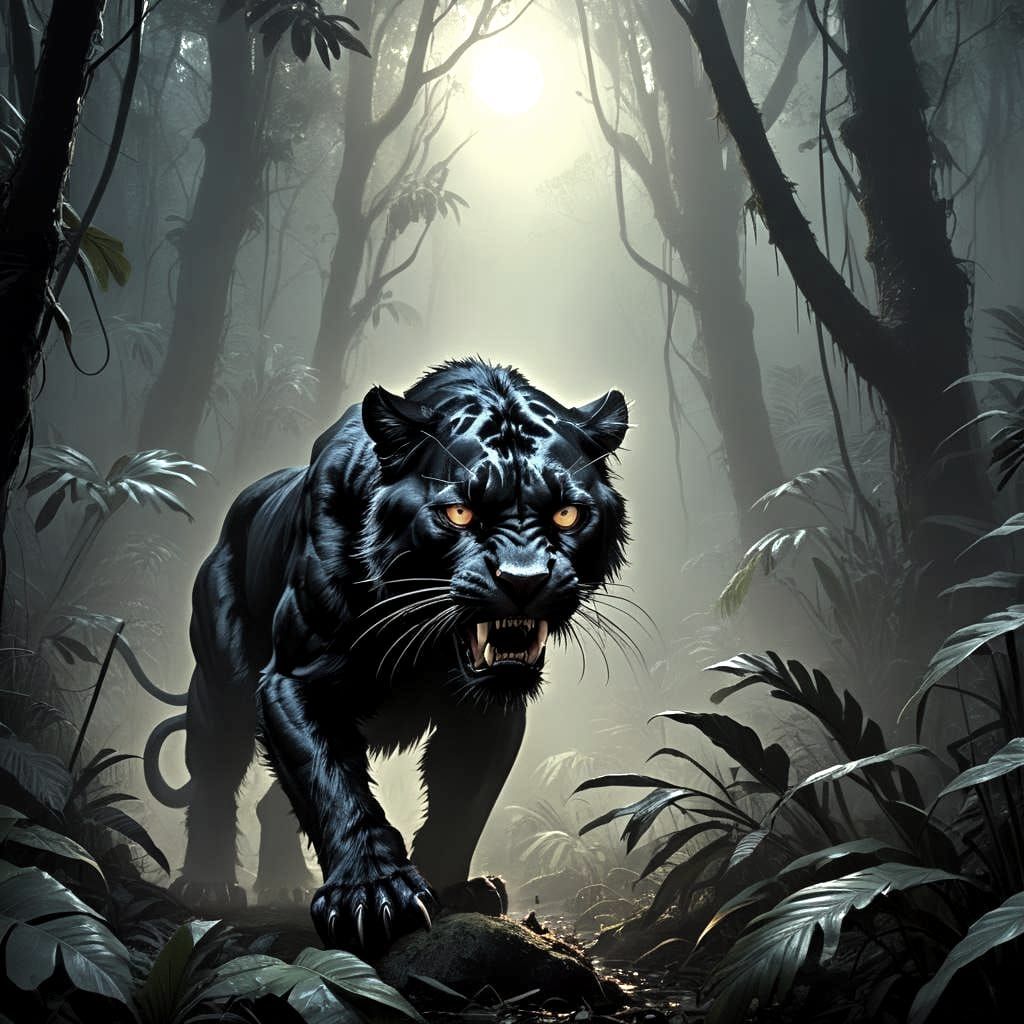 Fierce Panther in Dark Jungle with Eerie Lighting