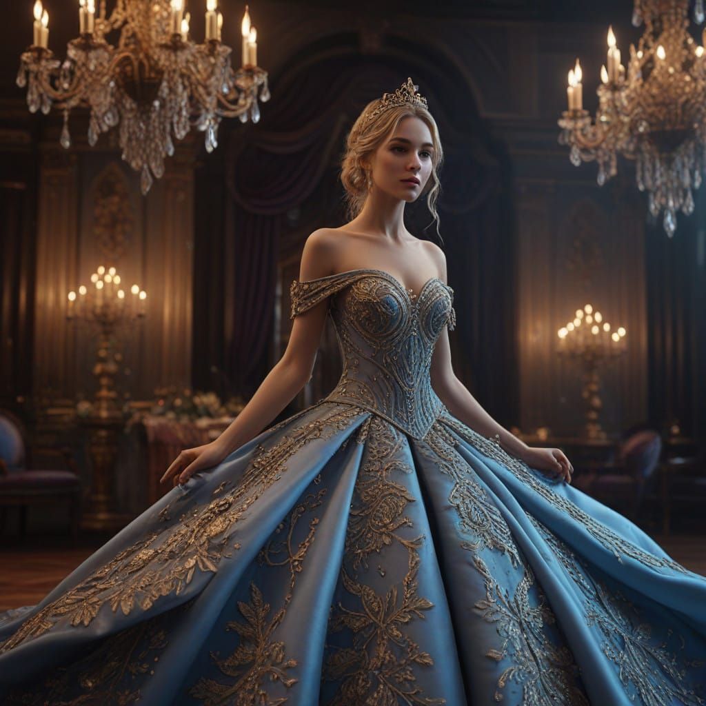 Elegant Princess in Golden Ballgown as Ethereal Spotlight