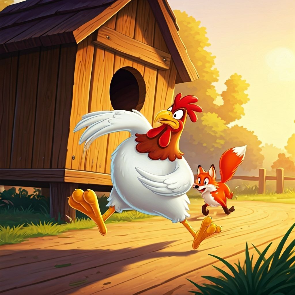 Foghorn Leghorn Chases Fox from Hen House in Cartoon Style