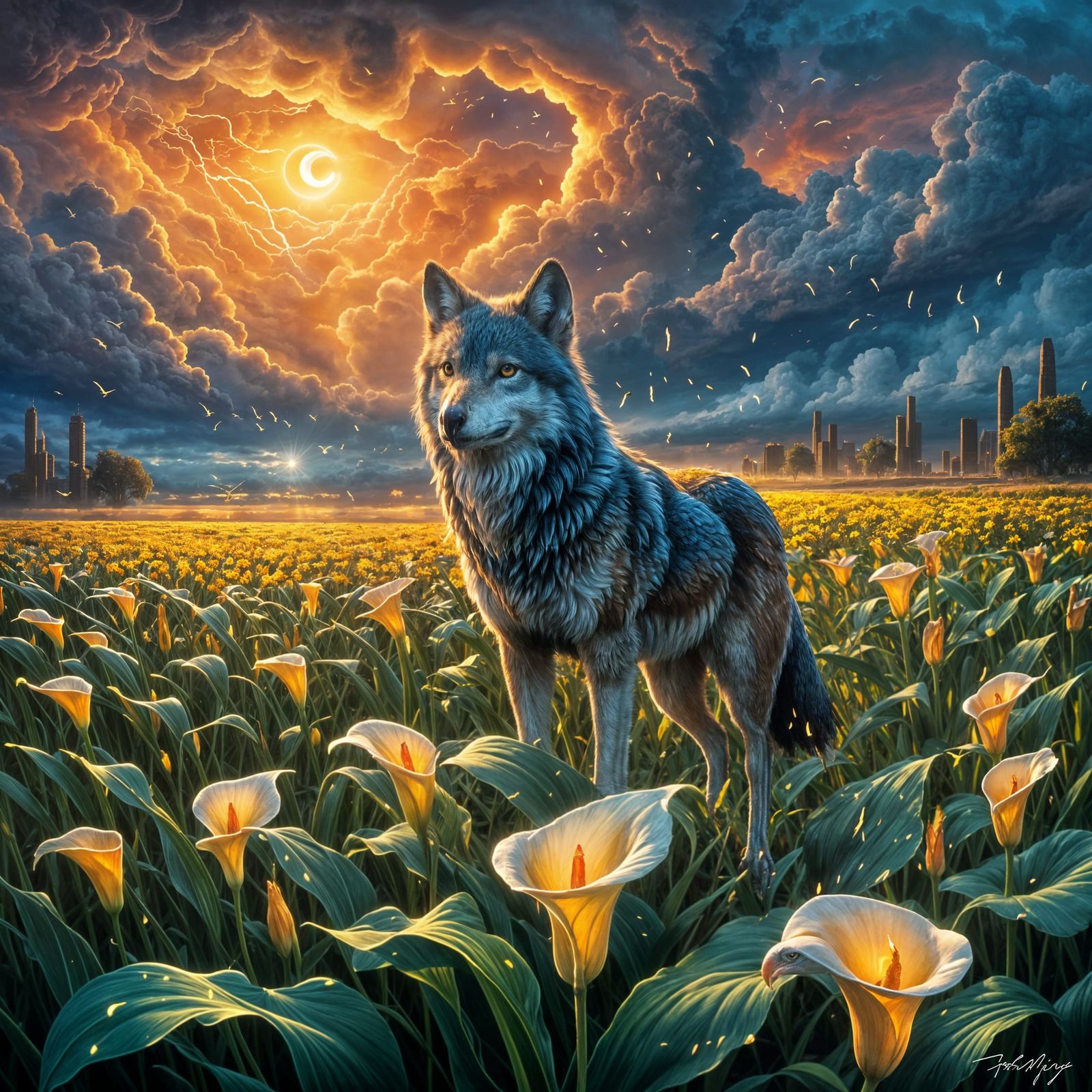 Phoenix and Wolf in Twilight Lily Field