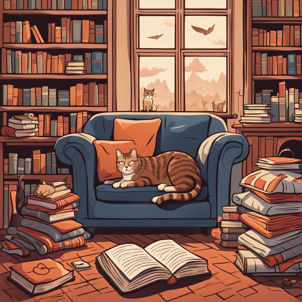 Cozy Living Room Scene with Reading Dog and Cat