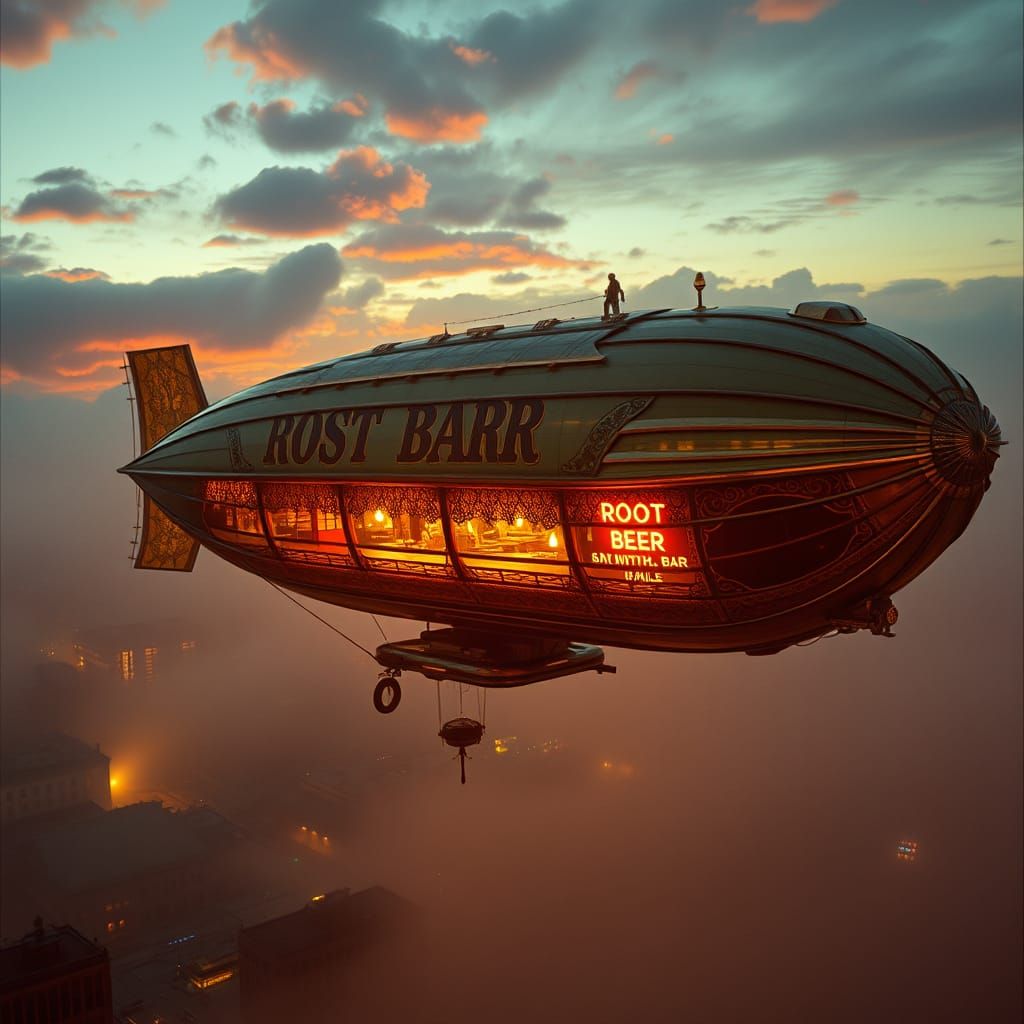 Majestic Airship Docks at Enchanted Root Beer Bar Amidst Fog...