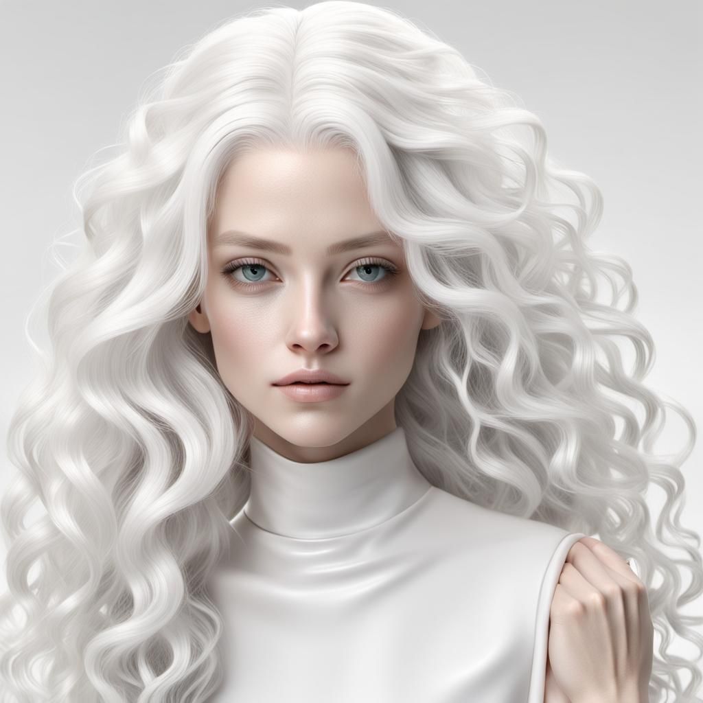 "white study of female face with long curly white hair 3D soft light white background close up"