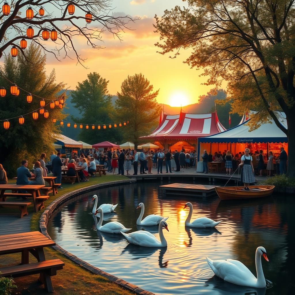 Oktoberfest Celebration on Bavarian Lake at Sunset