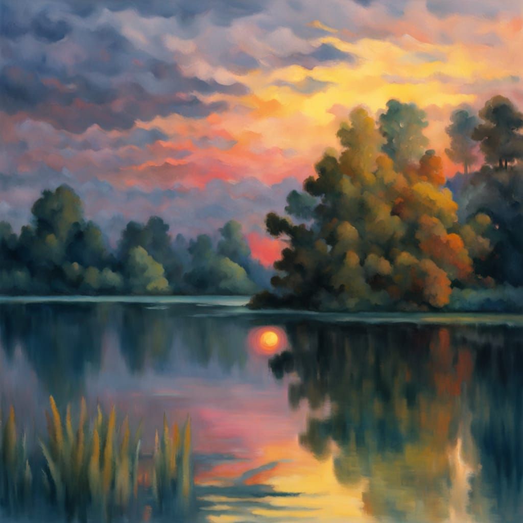 Impressionist Masterpiece: Serene Lake at Sunset
