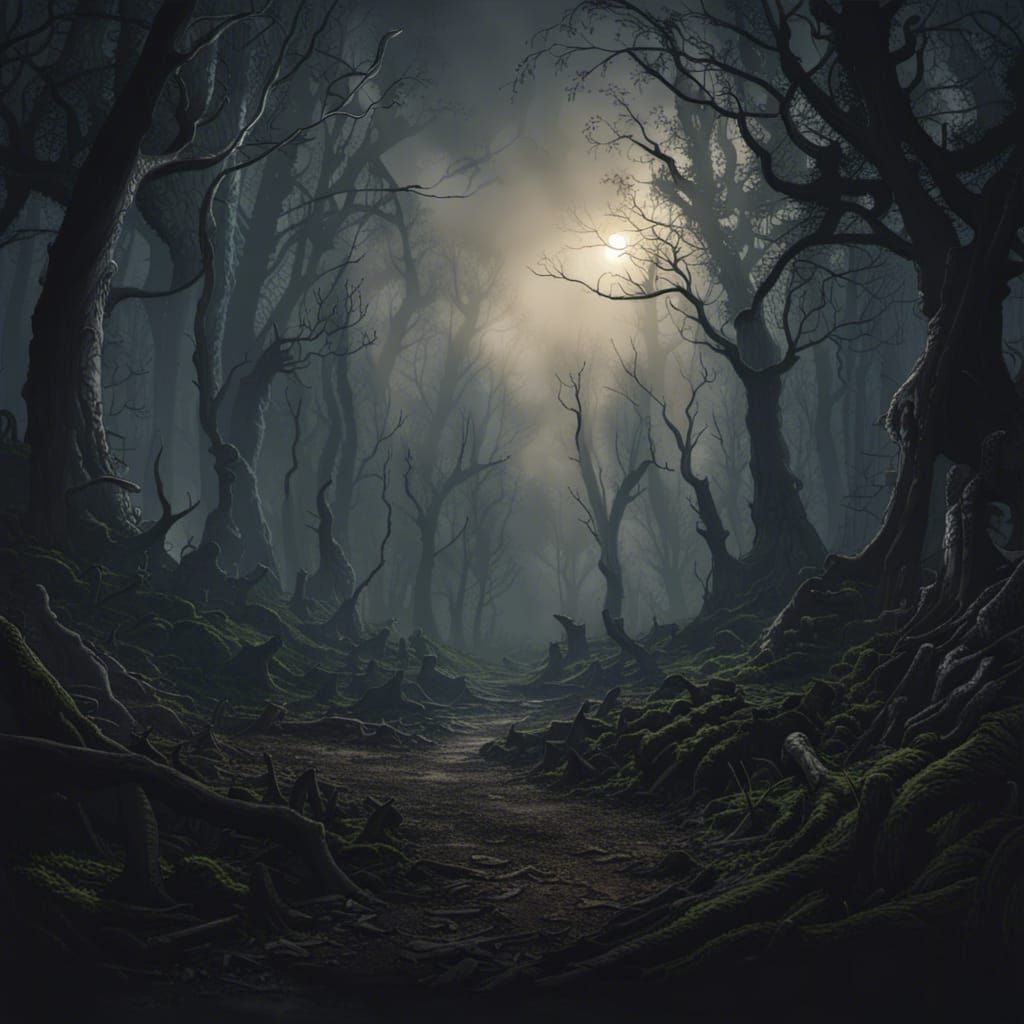 Ethereal Dark Forest at Night in Digital Art