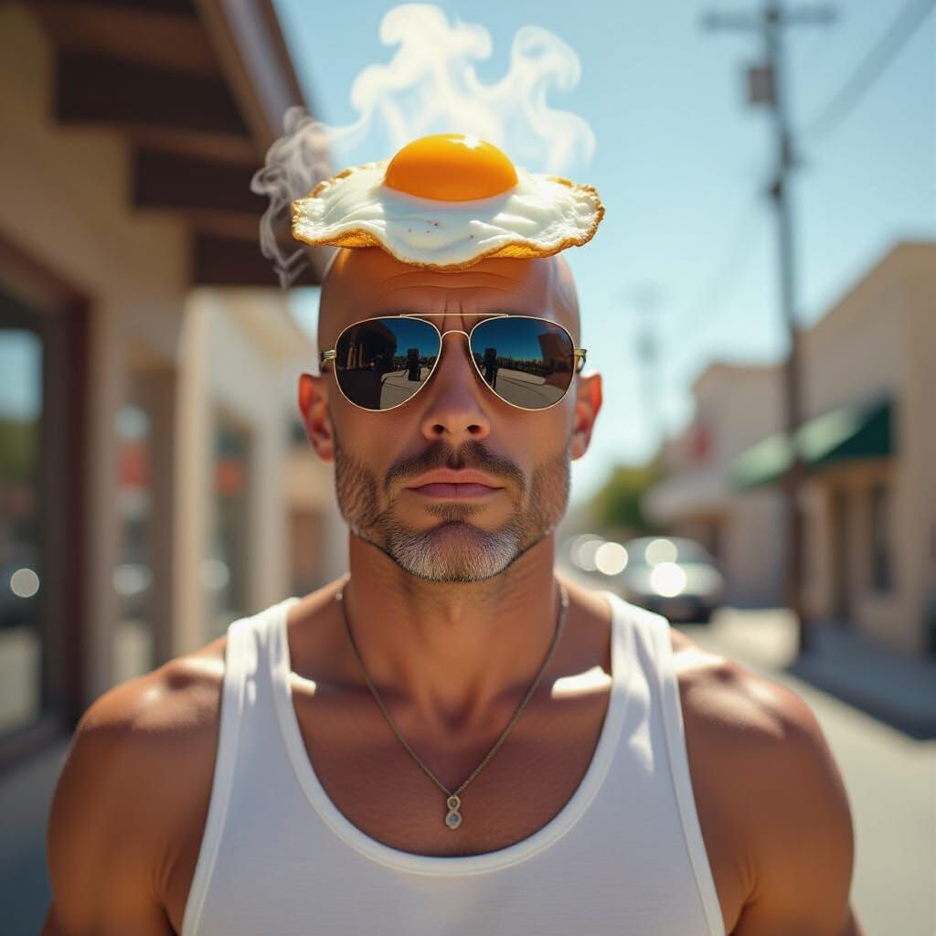 Hyperrealistic Bald Man with Fried Egg in Sunlight