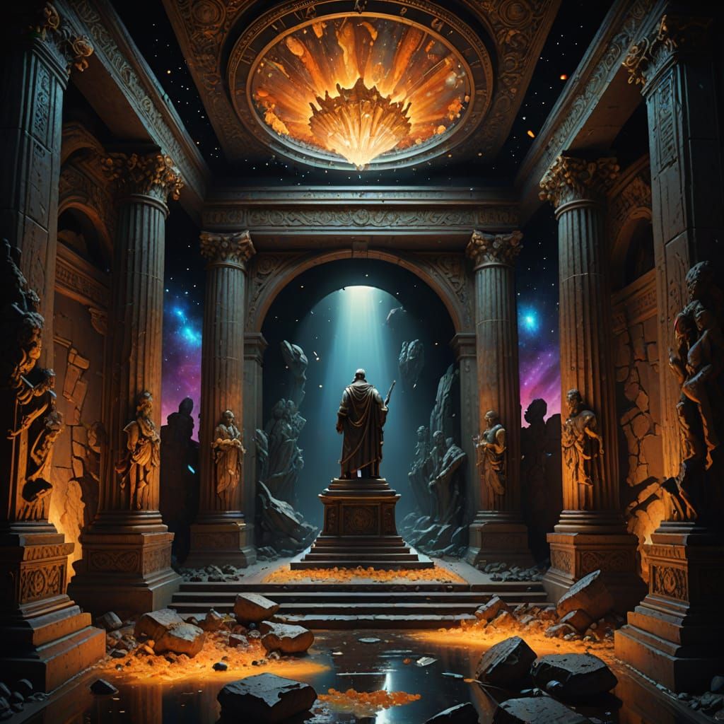 Surreal Ancient Tomb in Space with Vibrant Oil Painting Styl...