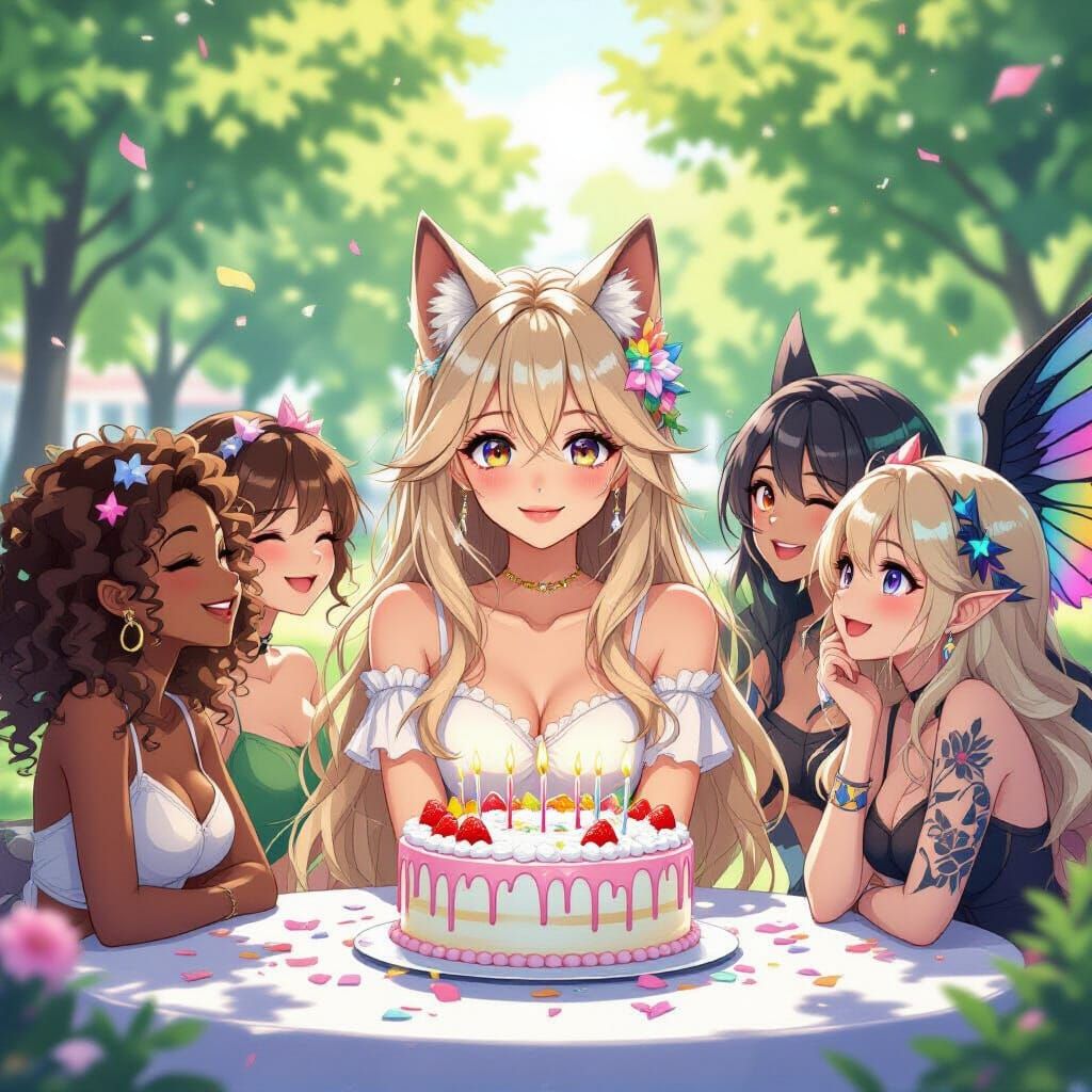 Anime Woman Celebrates Birthday in Summer Park