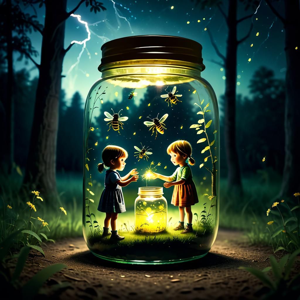 Fireflies Observe Children in Jar: Cinematic Still