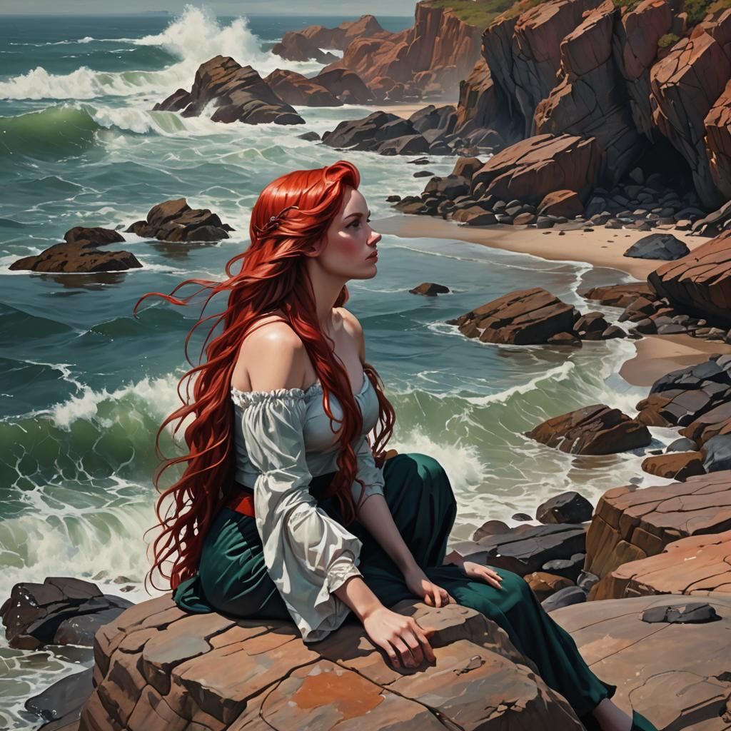 Little Mermaid Contemplates Apocalyptic Oil Spill Beach